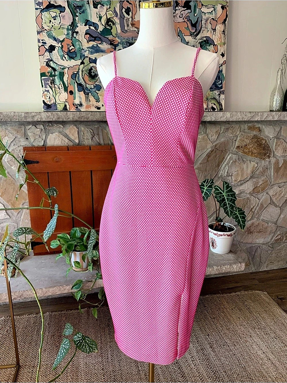 Bisou Pink & White Mesh Midi Dress Like New